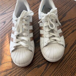 adidas Women's White Sneakers with Metallic Rose Stripes